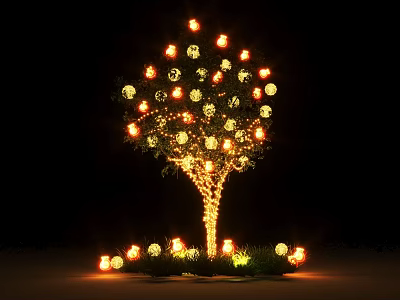 Decorative Lights on Tree with Round Glowing Ornaments Against Dark Background 3d model