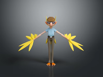 Man Wearing Glasses Blue Shirt And Brown Pants With Yellow Wings Orange Claws 3d model