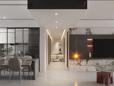 Modern Living and Dining Room Interior With Open Layout Marble Wall And Dining Furniture 3d model