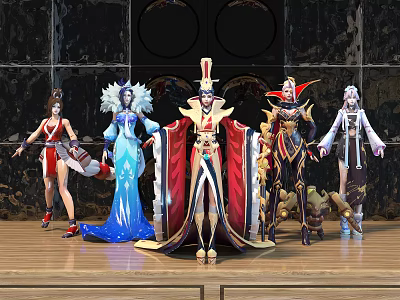 Five Dolls In Different Ornate Costumes Standing On Stage With Dark Walls And Wooden Floor 3d model