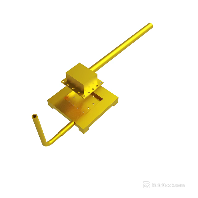 Golden Metal Mechanical Component With Square Base Long Rod And Curved Pipe 3d model 