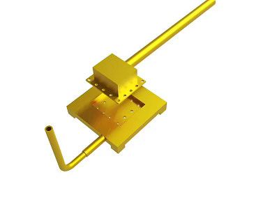 Golden Metal Mechanical Component With Square Base Long Rod And Curved Pipe 3d model
