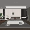 Modern Minimalist Bedroom Interior With Upholstered Headboard Decorative Pillows Area Rug And Potted Plant