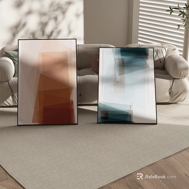 Two Abstract Geometric Paintings In Modern Living Room With Sofa And Blinds 3d model 