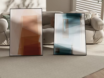 Two Abstract Geometric Paintings In Modern Living Room With Sofa And Blinds 3d model