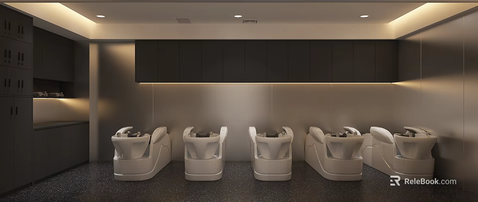 Modern Beauty Hair Salon Interior With Styling Chairs And Storage Cabinets 3d model 
