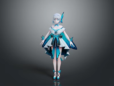 Stylish Female Character With Butterfly Creature Elements In Blue And White Dress And Wings 3d model