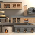 Traditional Kitchen Interior With Wooden Cabinets Stone Ovens And Firewood Storage
