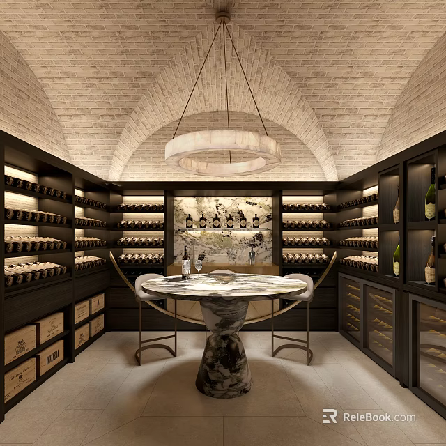 Luxurious Wine Cellar Interior With Vaulted Ceiling Chandelier Marble Table And Wine Racks 3d model 