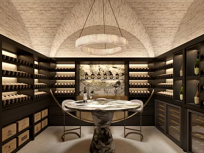 Luxurious Wine Cellar Interior With Vaulted Ceiling Chandelier Marble Table And Wine Racks 3d model
