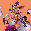 Game Anime Character In Witch Costume With Pumpkin Hat Ghosts And Black Cat