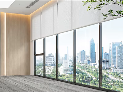 Modern Window Blinds Enhance Interior Space with Large Windows City Skyline View and Wooden Wall 3d model