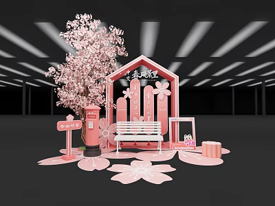 Pink Cherry Blossom Photo Check-in Spot With Bench Fence Mailbox And Petal Decor 3d model