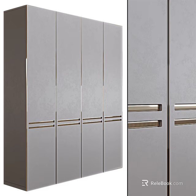 Modern Gray Wardrobe With Multiple Doors And Sleek Metal Handles Design 3d model 