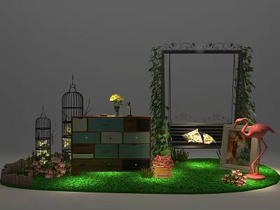 Scenic Photo Check In Spot With Birdcages Green Vines Vintage Cabinet And Flamingo Decor 3d model