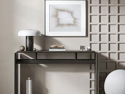 Modern Entryway Cabinet Sideboard With Dark Table Lamp Books On Lattice Wall And Abstract Painting 3d model