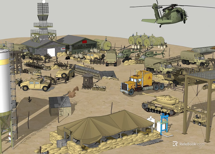 Military Base Setup Featuring Helicopter Tank Truck Tents Fuel Tanks And Tower 3d model 