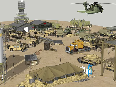 Military Base Setup Featuring Helicopter Tank Truck Tents Fuel Tanks And Tower 3d model