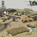 Military Base Setup Featuring Helicopter Tank Truck Tents Fuel Tanks And Tower