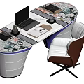 Modern Office Desk With Laptop Coffee Cup Notebooks And Grey Red Chair