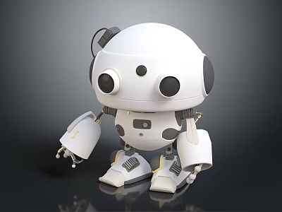 Cute White Robot Character With Big Black Eyes Round Head And Mechanical Limbs 3d model