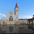 European Style Architecture With Red Spire Gothic Windows Cherry Blossom Pool Reflections And Arcades
