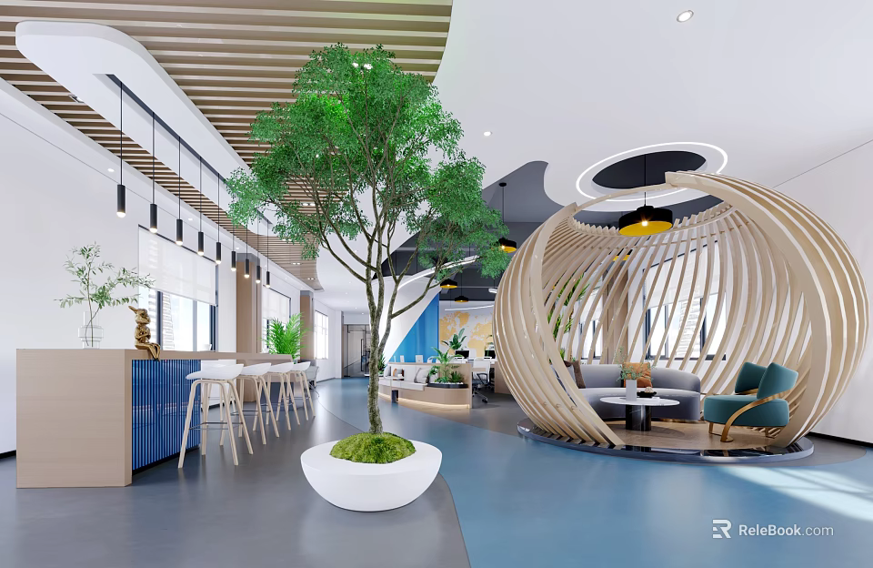 Modern Public Office Space With Wooden Elements Green Plants Curved Design And Blue Flooring 3d model 