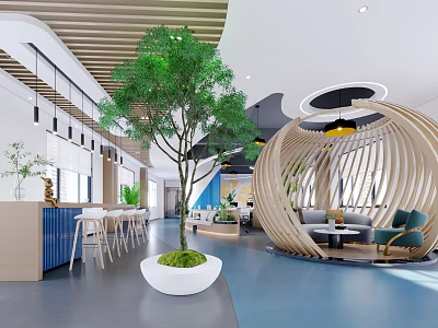Modern Public Office Space With Wooden Elements Green Plants Curved Design And Blue Flooring 3d model