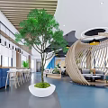 Modern Public Office Space With Wooden Elements Green Plants Curved Design And Blue Flooring
