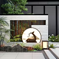 Chinese Style Garden Wall Featuring Circular Deer Design Green Plants And Lanterns