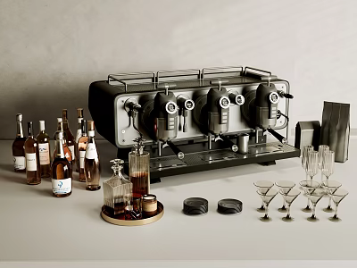 Modern Black Coffee Machine As Household Appliance With Wine Bottles Glassware And Trays 3d model