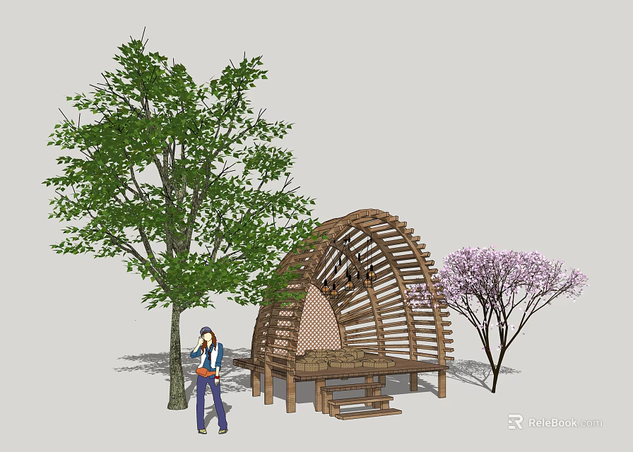 Wooden Arched Hut Surrounded By Green Tree And Pink Flowering Tree With Person 3d model 