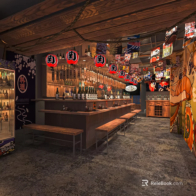 Japanese Izakaya Restaurant Interior Bar Counter Wooden Benches Hanging Lanterns Posters Cherry Blossom Motifs 3d model 