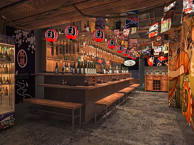 Japanese Izakaya Restaurant Interior Bar Counter Wooden Benches Hanging Lanterns Posters Cherry Blossom Motifs 3d model