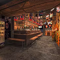 Japanese Izakaya Restaurant Interior Bar Counter Wooden Benches Hanging Lanterns Posters Cherry Blossom Motifs
