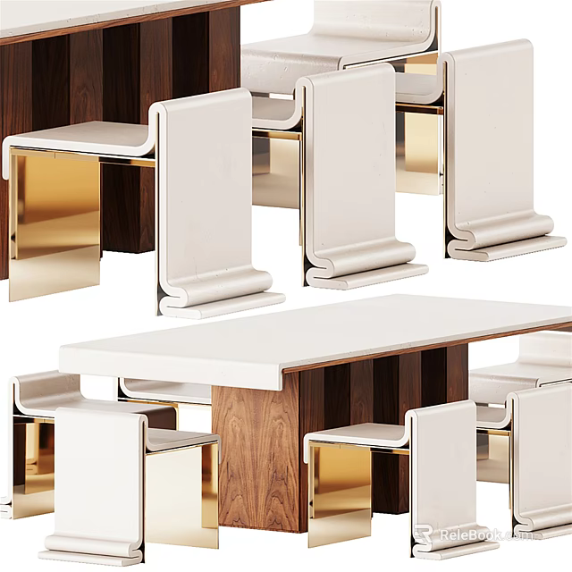 Modern Dining Table Set With White Tabletop Walnut Wood Frame And Upholstered Gold Leg Chairs 3d model 