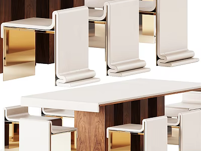 Modern Dining Table Set With White Tabletop Walnut Wood Frame And Upholstered Gold Leg Chairs 3d model