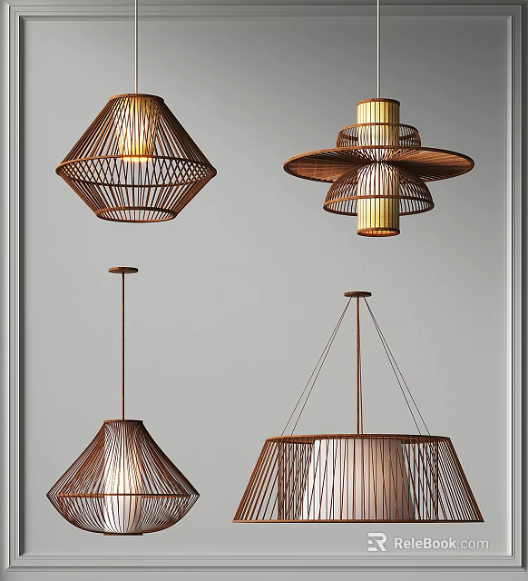 Handwoven Rattan Chandeliers With Various Geometric And Layered Designs For Home Lighting 3d model 