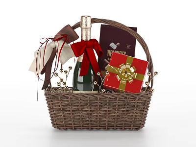 Decorative Gift Basket Set With Wicker Basket Champagne Bottle Red Gift Box And Golden Bow 3d model