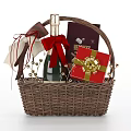 Decorative Gift Basket Set With Wicker Basket Champagne Bottle Red Gift Box And Golden Bow