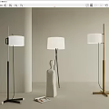 Three Modern Floor Lamps With White Lampshade And Metal Wooden Base For Interior Design