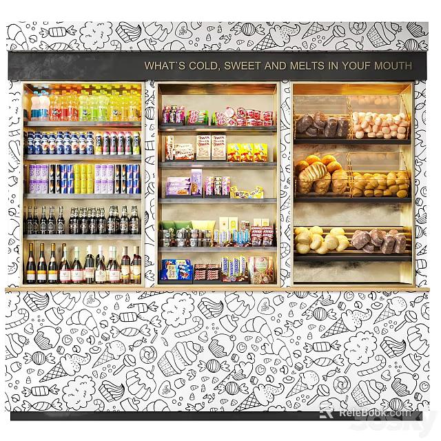 Display Shelves Filled With Various Types Of Beverages Candies Bread And Pastries 3d model 