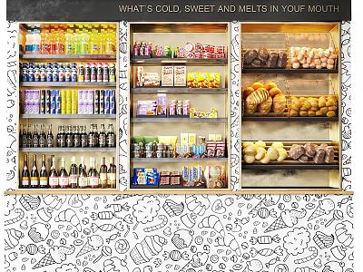 Display Shelves Filled With Various Types Of Beverages Candies Bread And Pastries 3d model