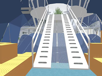 Kids Play Area Design With Net Stairs Blue Canopies Colorful Flooring And Green Plant 3d model