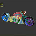 Blue Motorcycle with Glowing Wheels Gold Accents Sleek Design on Gray Background and Reflective Surface