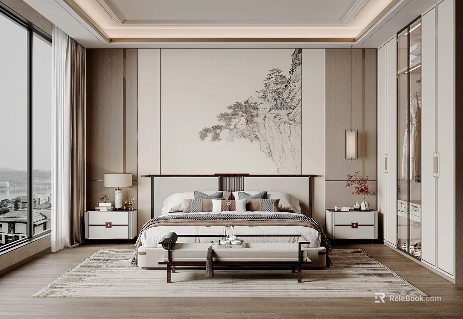 Chinese Modern Bedroom Interior With Landscape Painting Large Bed Bedside Tables And Wardrobe 3d model 