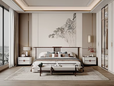 Chinese Modern Bedroom Interior With Landscape Painting Large Bed Bedside Tables And Wardrobe 3d model