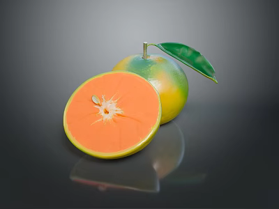 Fresh Ripe Orange Whole And Sliced With Green Leaf On Dark Background 3d model