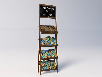 Multi tiered Wooden Display Shelf with Signage and Colorful Items for Retail 3d model