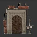 Stone Archway With Carved Wooden Door And Stacked Suitcases Floor Lamp